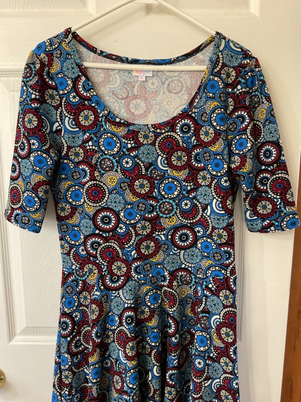 LuLaRoe Blue, Red & Yellow Circular Print Midi Dress